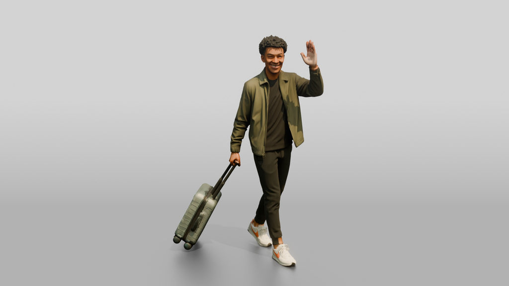Young Black Man Waving and Smiling Pulling Rolling Suitcase