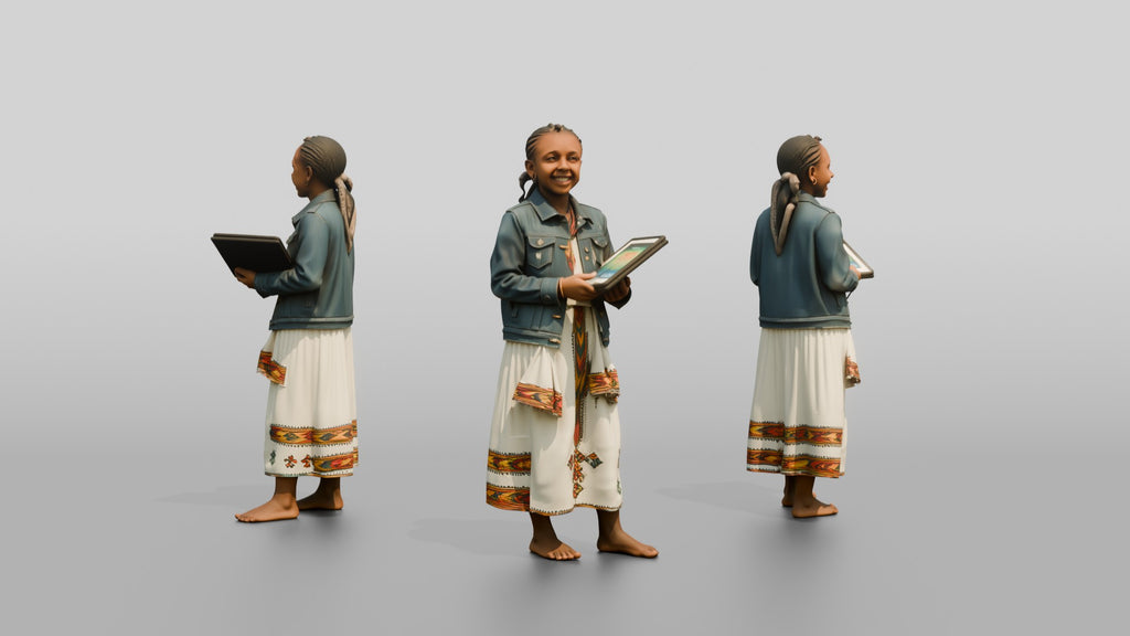 African Girl in a Denim Jacket Holding a Digital Tablet