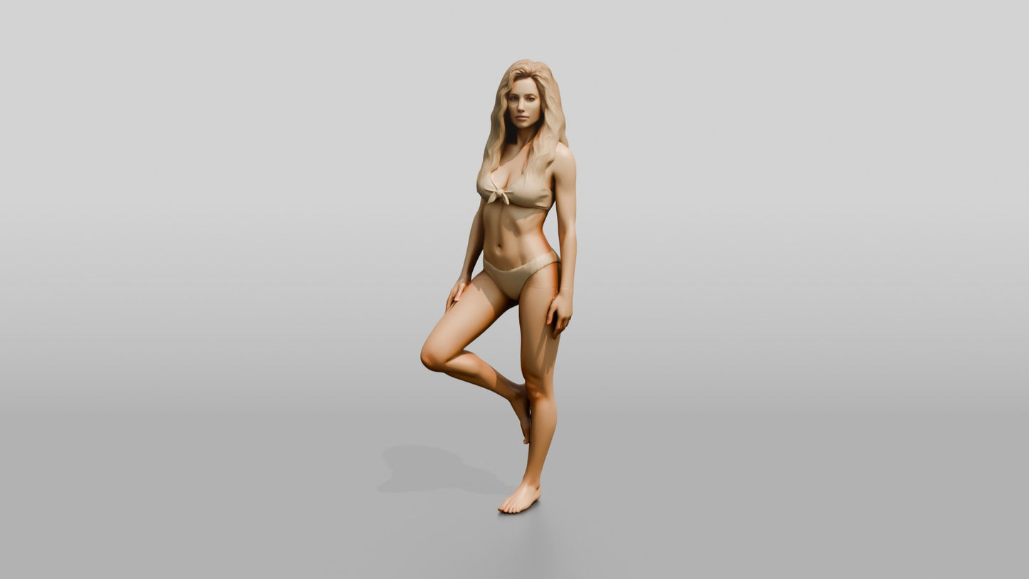 Blonde Woman in Cream Two-Piece Swimsuit Tree Pose