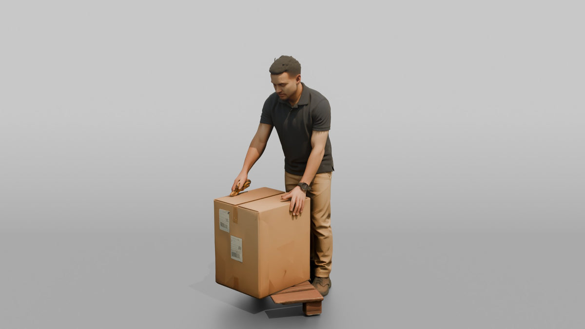 Man Stock Clerk Unpacking A Cardboard Box With A Box Cutter - 3D character model, view 5