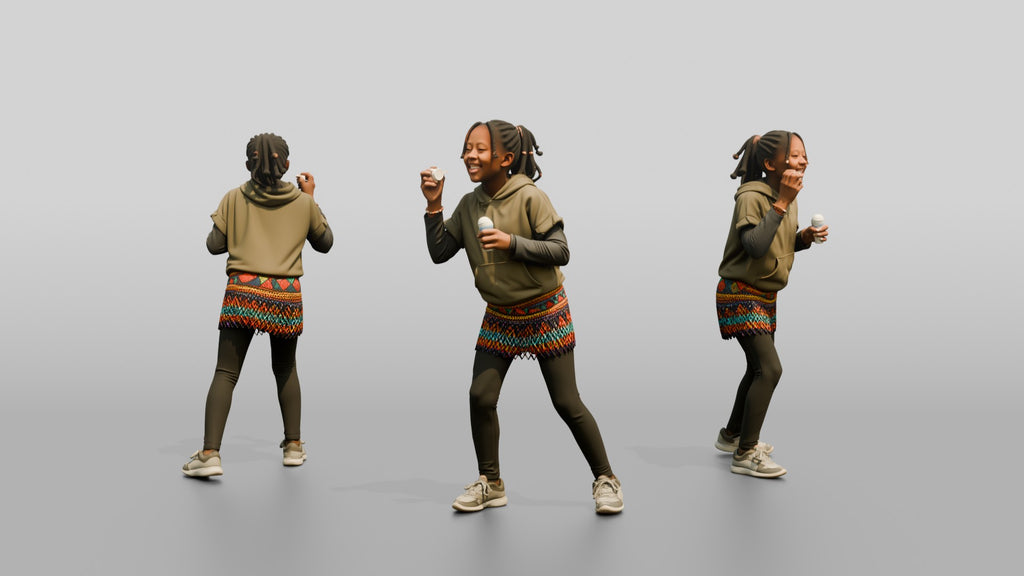 African Girl Blowing Bubbles in a Beaded Skirt