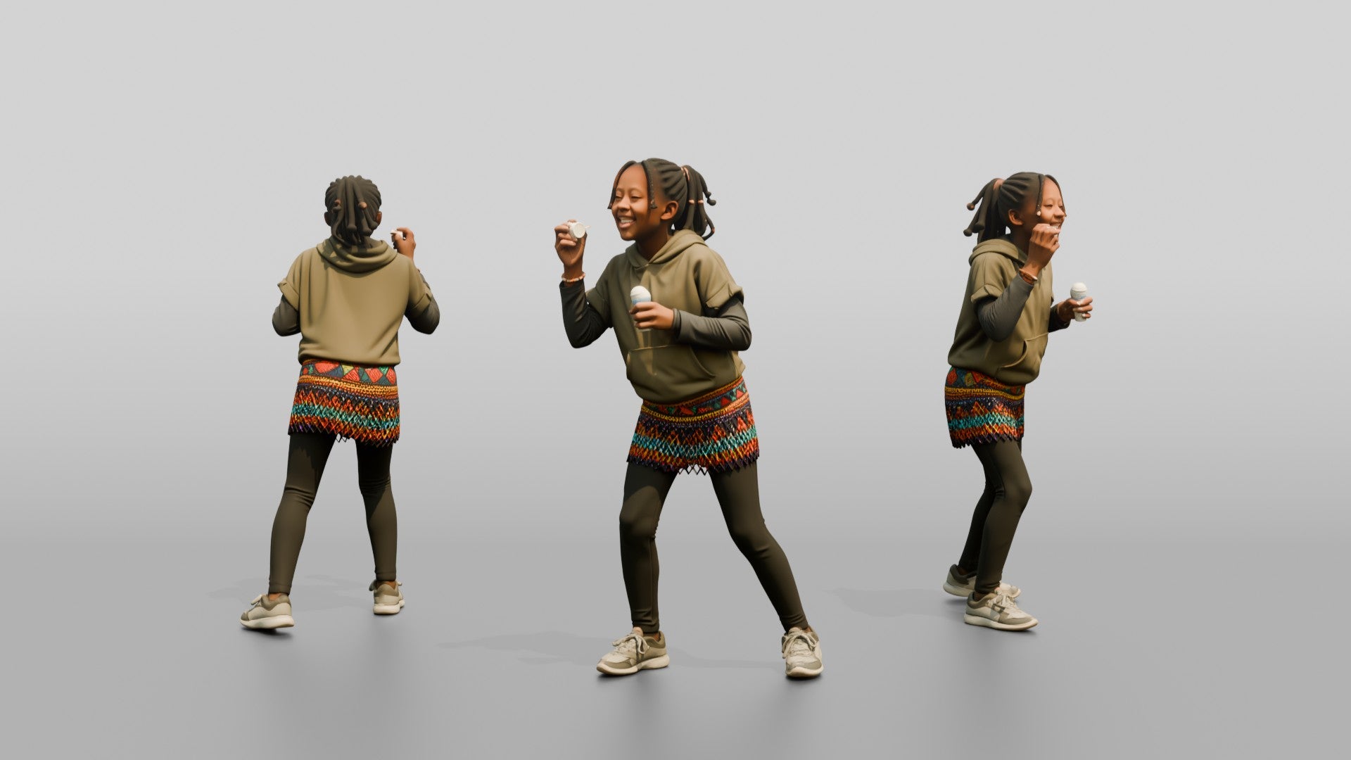 African Girl Blowing Bubbles in a Beaded Skirt