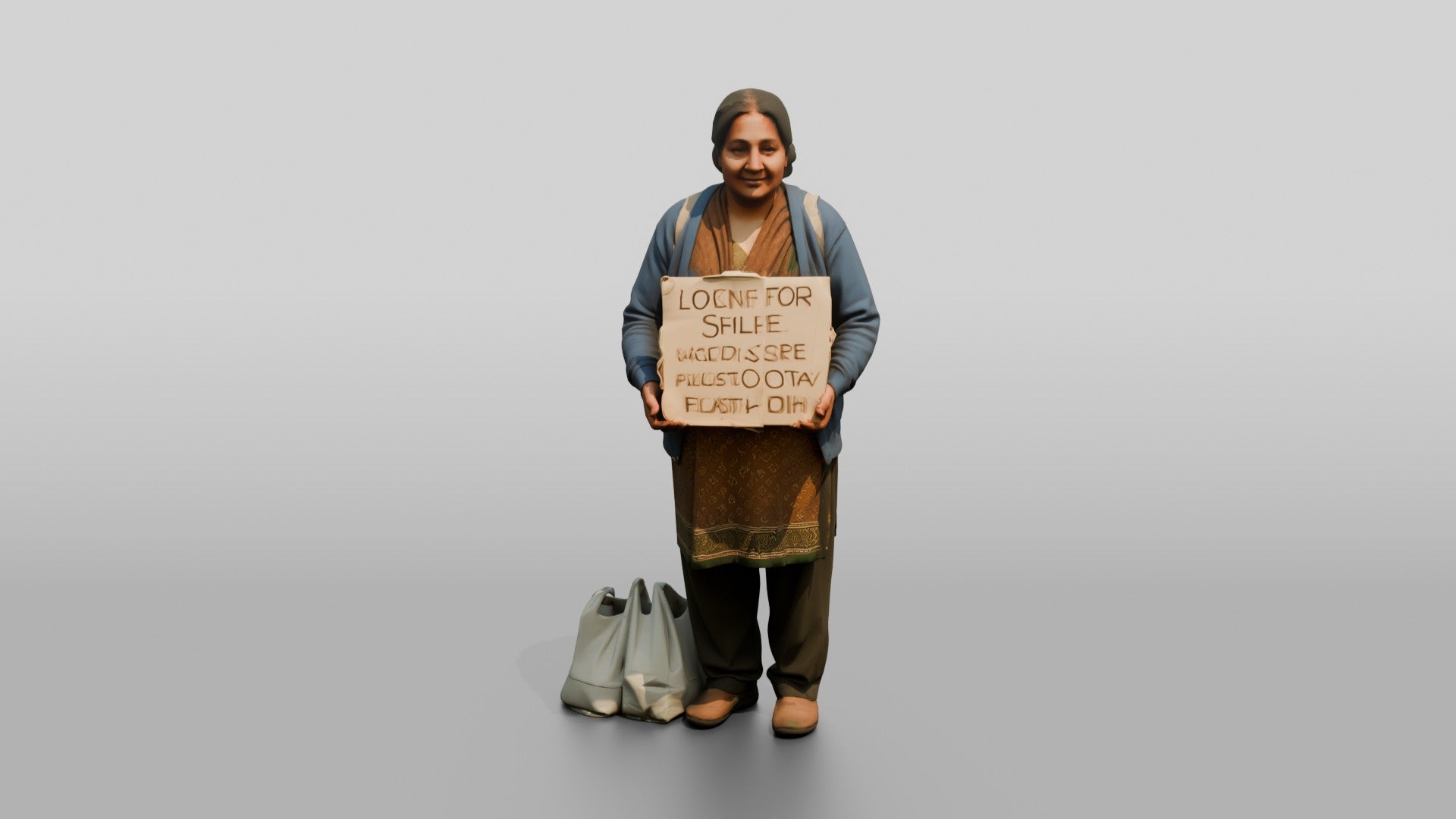 Homeless Woman Holding a Sign Looking for Shelter