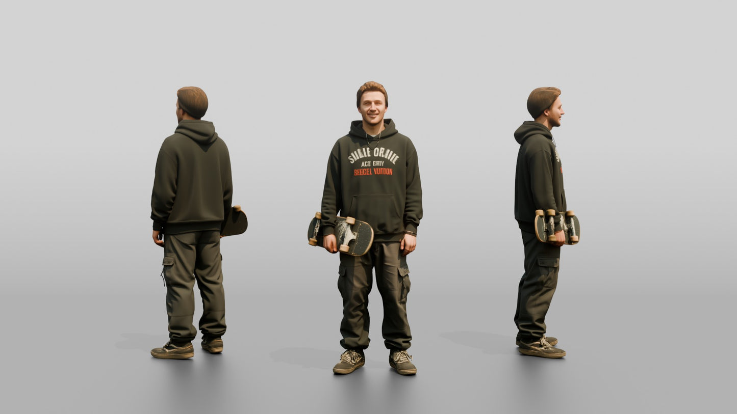 Skater Man in Graphic Hoodie with Skateboard