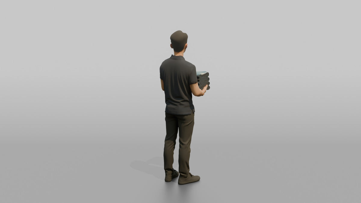 Man Retail Employee Holding A Stack Of Folded Jeans - 3D character model, view 3