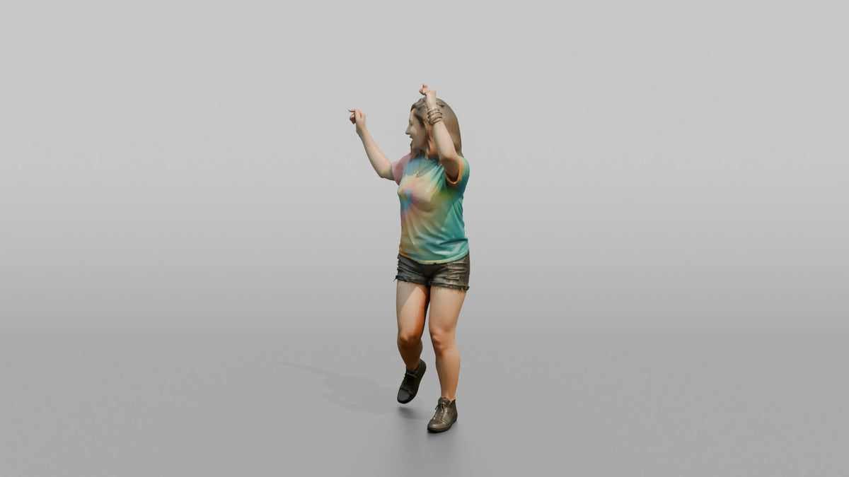 Patron Woman Wearing A Vibrant Tie-dye Shirt, Arms Raised Dancing - 3D character model, view 4
