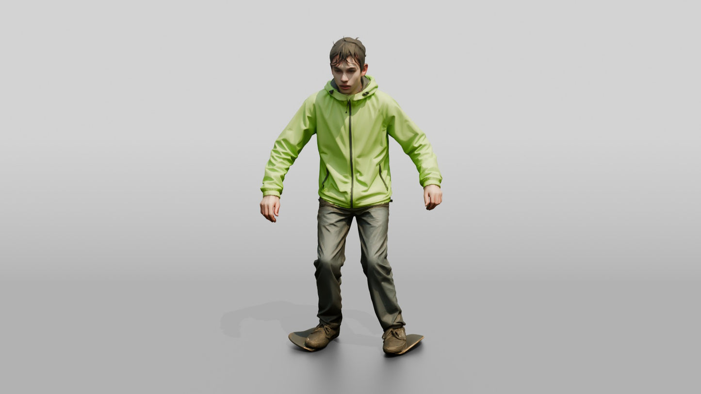 White Teen Boy Skateboarding in Green Jacket
