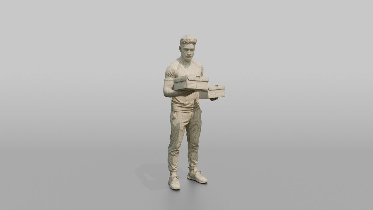 Man Customer Holding Two Sneaker Boxes To Compare - wireframe topology preview