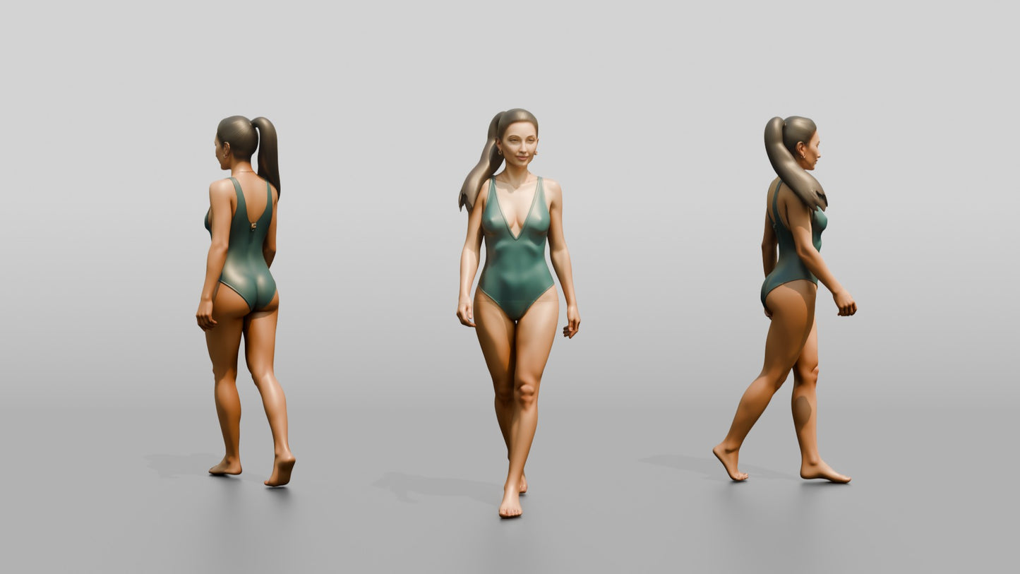 Woman in Green One-Piece Swimsuit Walking
