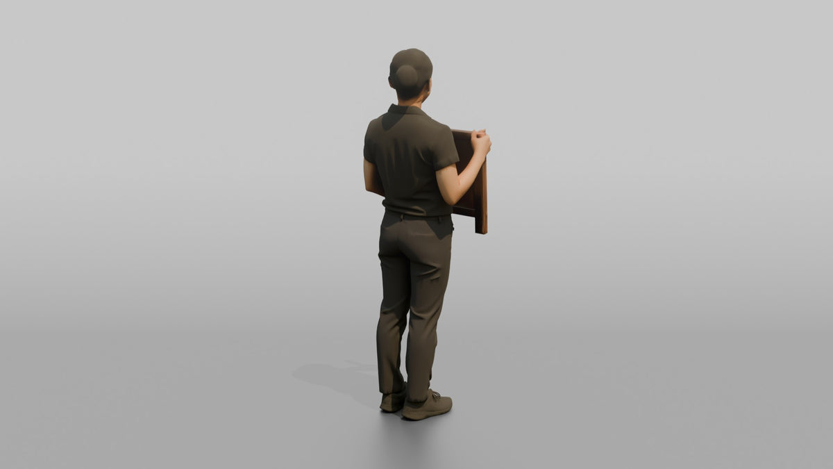 Host Woman Holding A Small Stand-up Chalkboard Menu - 3D character model, view 3