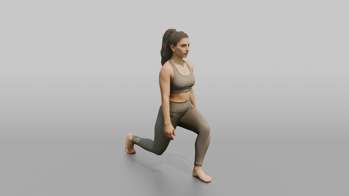 Fitness Influencer Woman Doing A Bodyweight Lunge With Arms At Sides - 3D character model, view 2