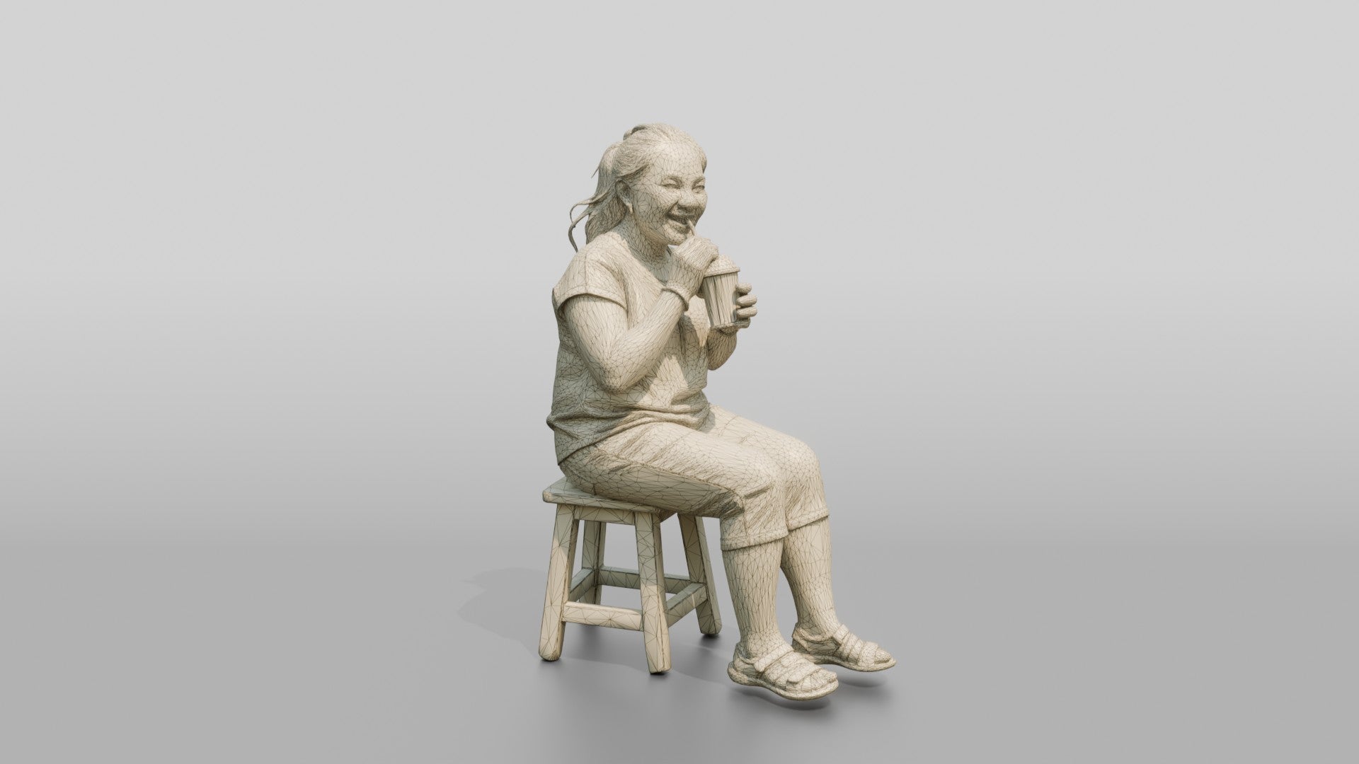 Chinese Woman Sitting on a Stool Drinking