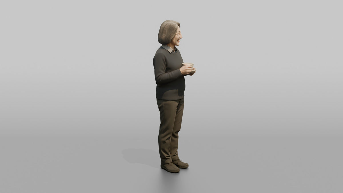 Grandmother Holding A Teacup And Saucer With Both Hands - 3D character model, view 2