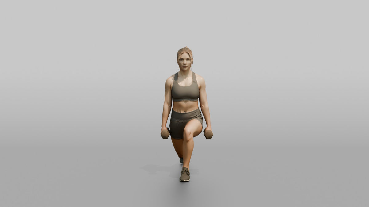 Weightlifter Woman Holding Two Dumbbells At The Sides Mid-lunge - 3D character model, view 5