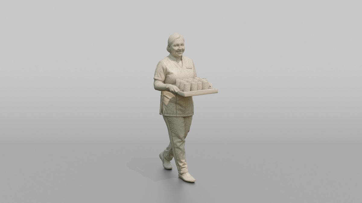 Spa Attendant Man Carrying A Tray With Cucumber Water Glasses - wireframe topology preview