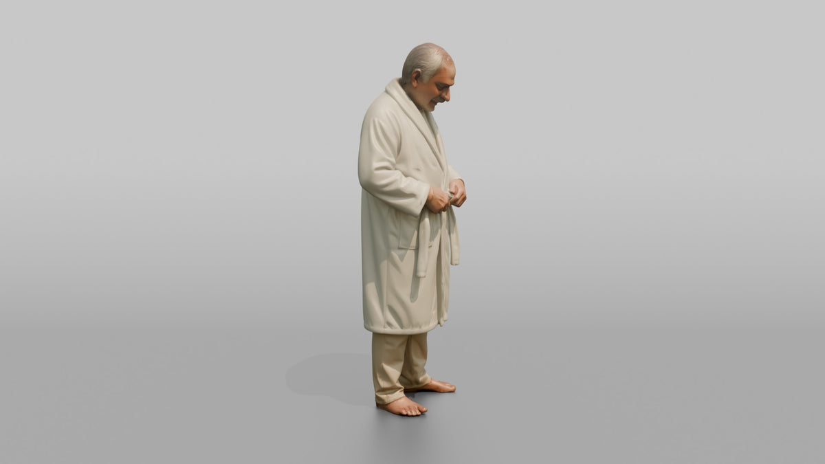 Spa Client Man Standing Adjusting A Robe Belt, Relaxed Posture - 3D character model, view 2