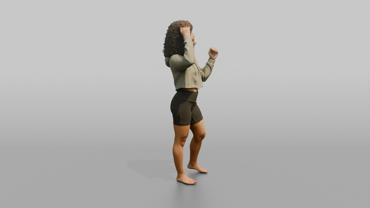 Fitness Influencer Woman Standing With Hands Running Through Hair - 3D character model, view 2