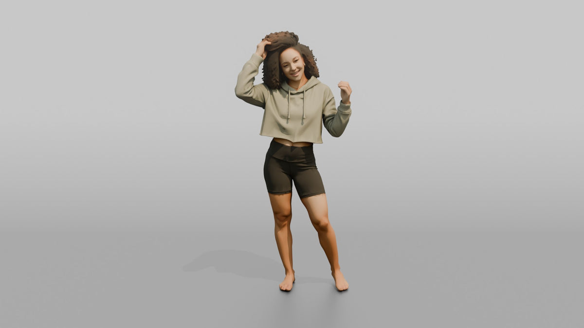 Fitness Influencer Woman Standing With Hands Running Through Hair - 3D character model, view 5