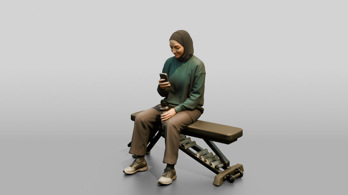 Woman in Sports Hijab Sitting - 3D character model, view 4