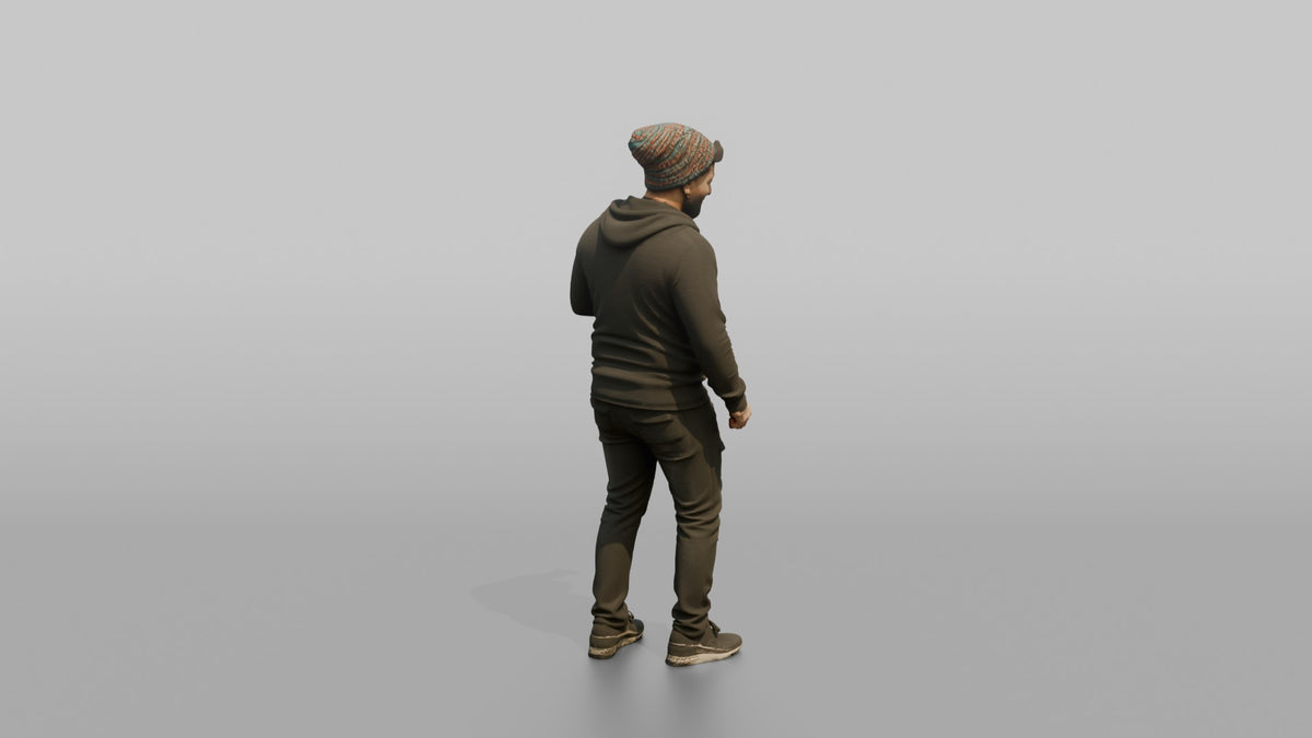 Patron Man Wearing A Colorful Beanie, Nodding Along To Music - 3D character model, view 3
