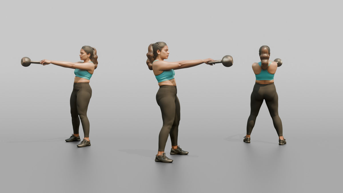 Weightlifter Woman Performing A Kettlebell Swing - 3D character model, view 1