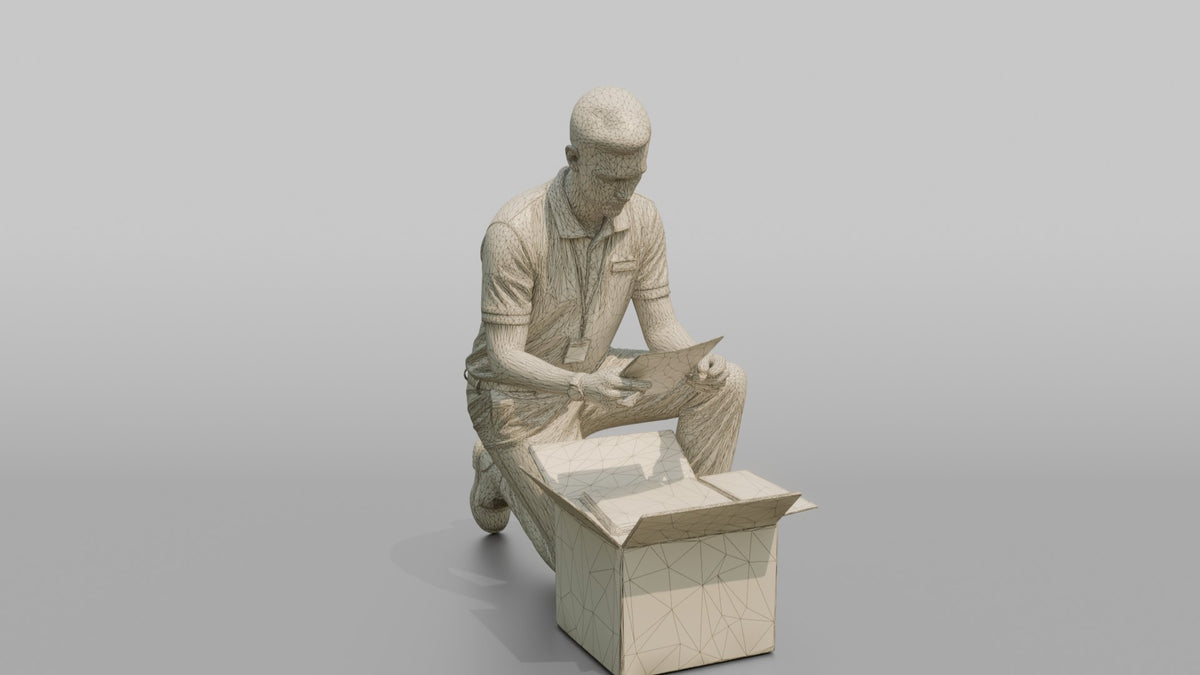 Man Stock Clerk Checking A Delivery Box Against A Packing Slip - wireframe topology preview