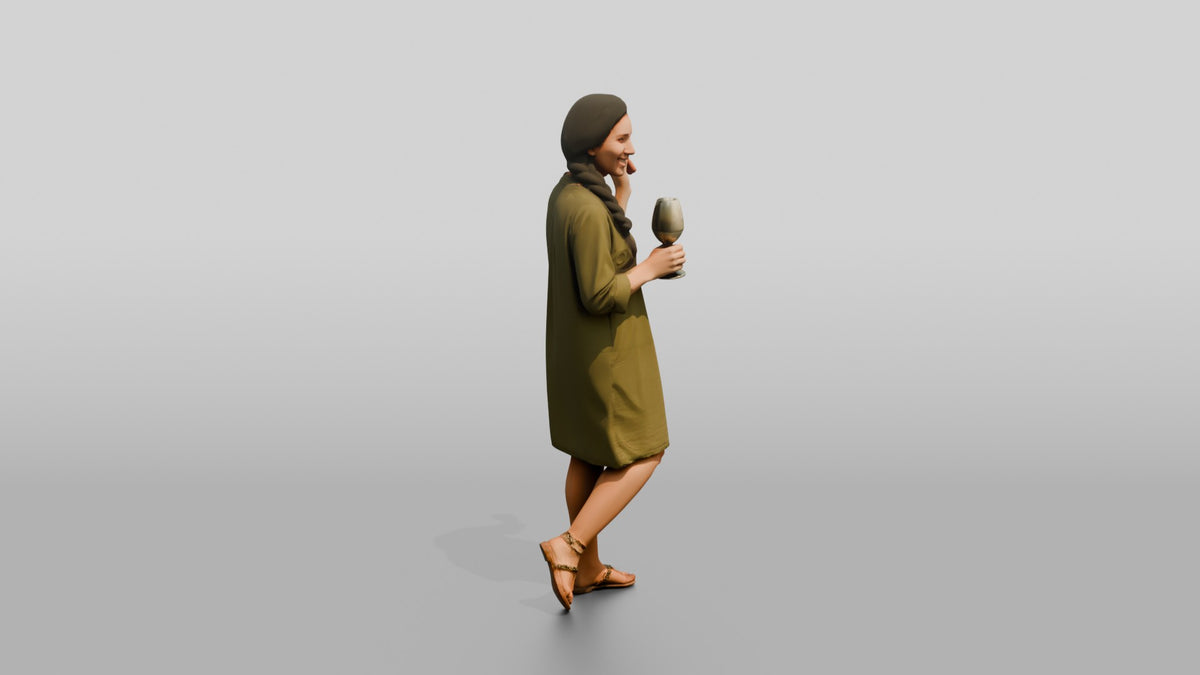 Woman with a Cocktail in an Olive Dress - 3D character model, view 2