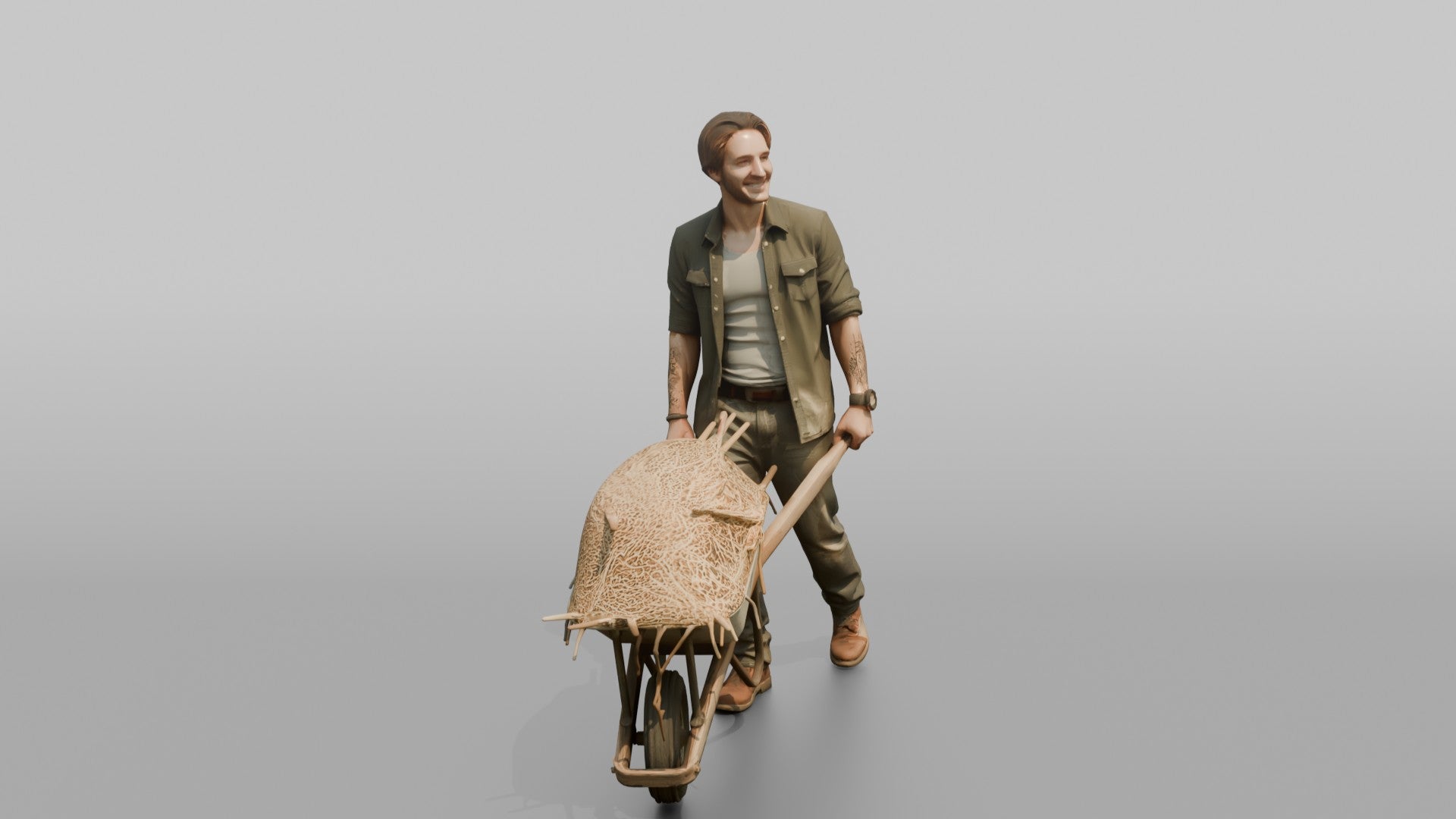 Farmer Pushing Wheelbarrow Overflowing Fresh Straw