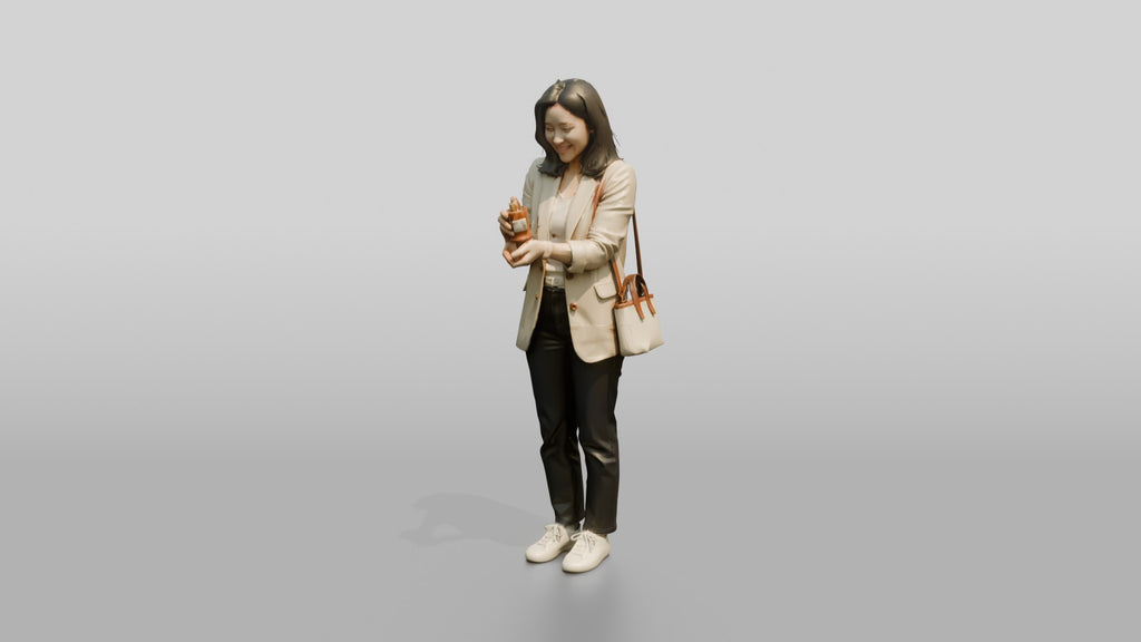 Young Asian Woman Holding Coffee Cup with Crossbody Bag