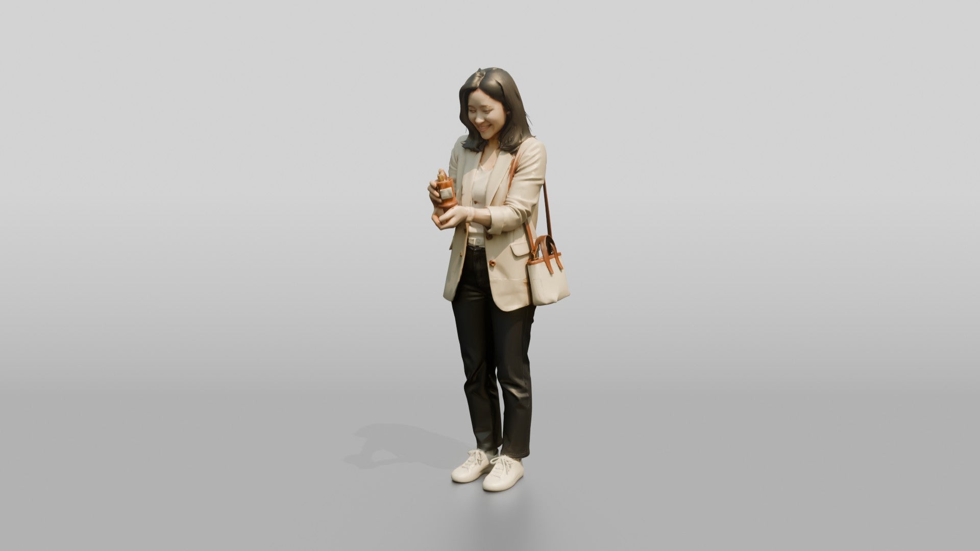 Young Asian Woman Holding Coffee Cup with Crossbody Bag