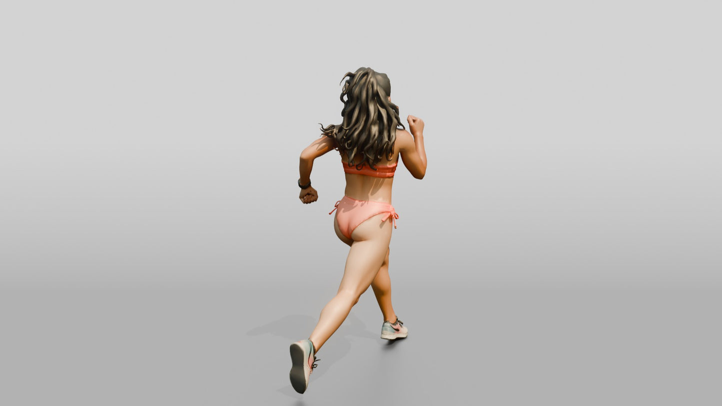 Latina Woman Running in Bold Coral Bikini