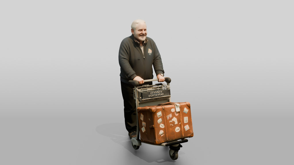 Elderly Bald Man Pushing Luggage Cart with Vintage Suitcase