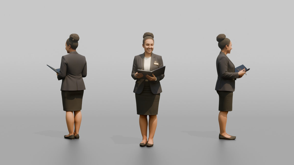 Receptionist Woman Holding A Guest Folder And Pen - 3D character model, view 1