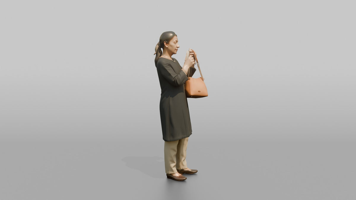 Woman Customer Examining The Price Tag On A Handbag - 3D character model, view 2