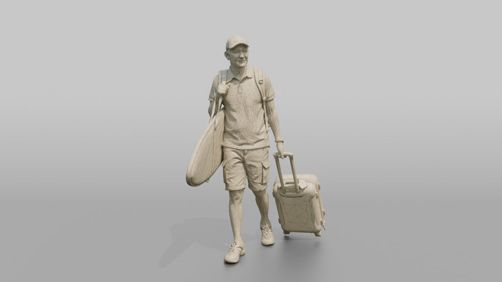 Traveler Carrying A Surfboard And Backpack