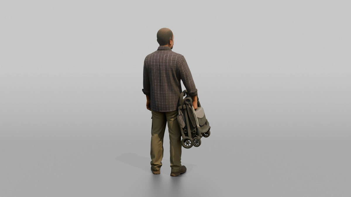 Father Carrying A Folded Stroller Tucked Under One Arm - 3D character model, view 3