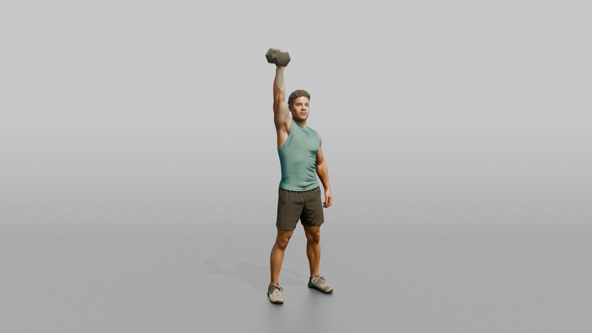 Weightlifter Man Pressing A Dumbbell Overhead With One Arm - 3D character model
