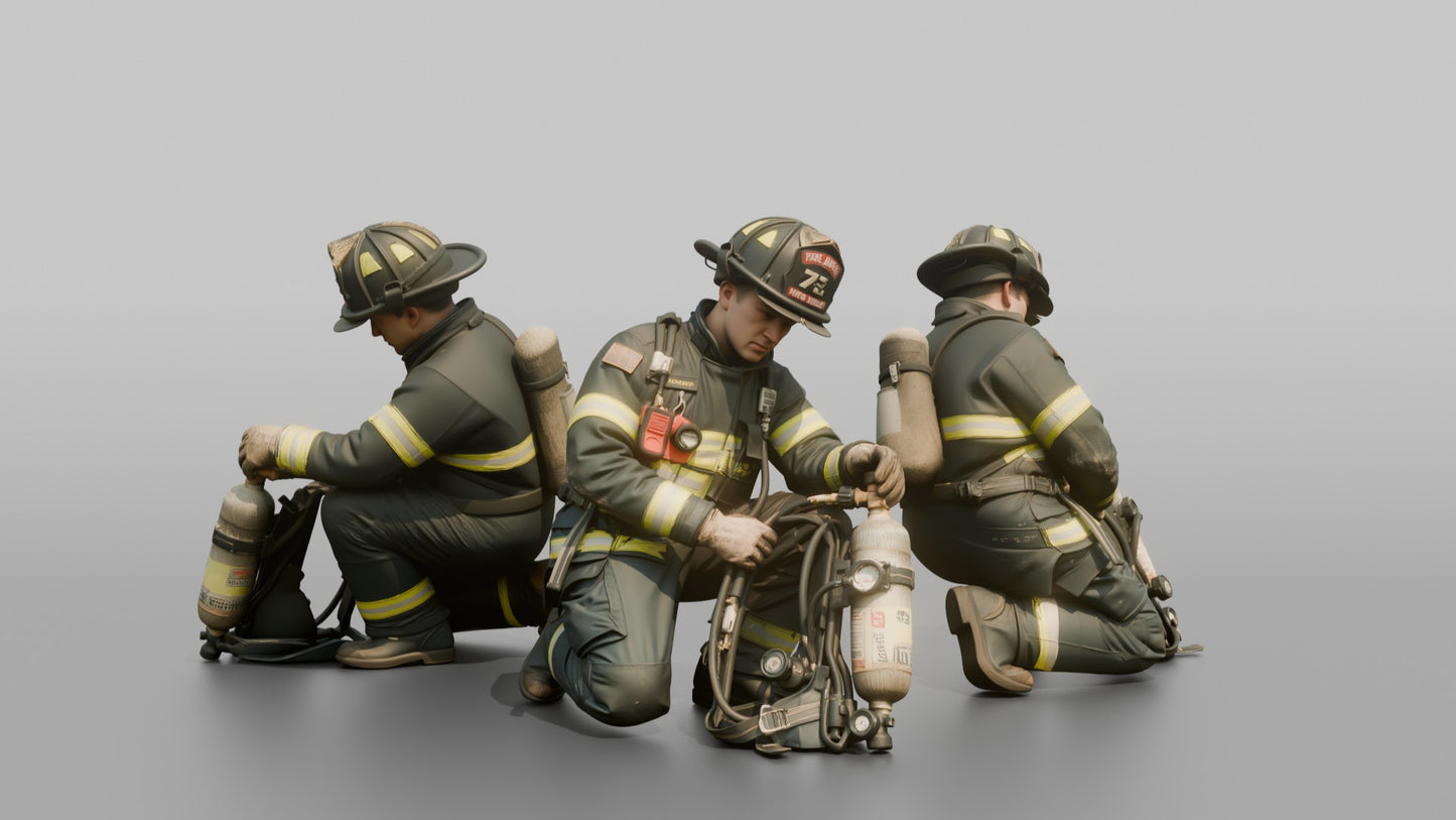 Firefighter Man Crouching While Inspecting an SCBA Valve Assembly