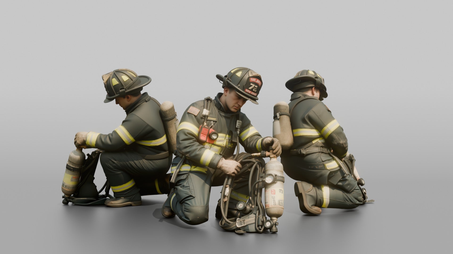 Firefighter Man Crouching While Inspecting an SCBA Valve Assembly