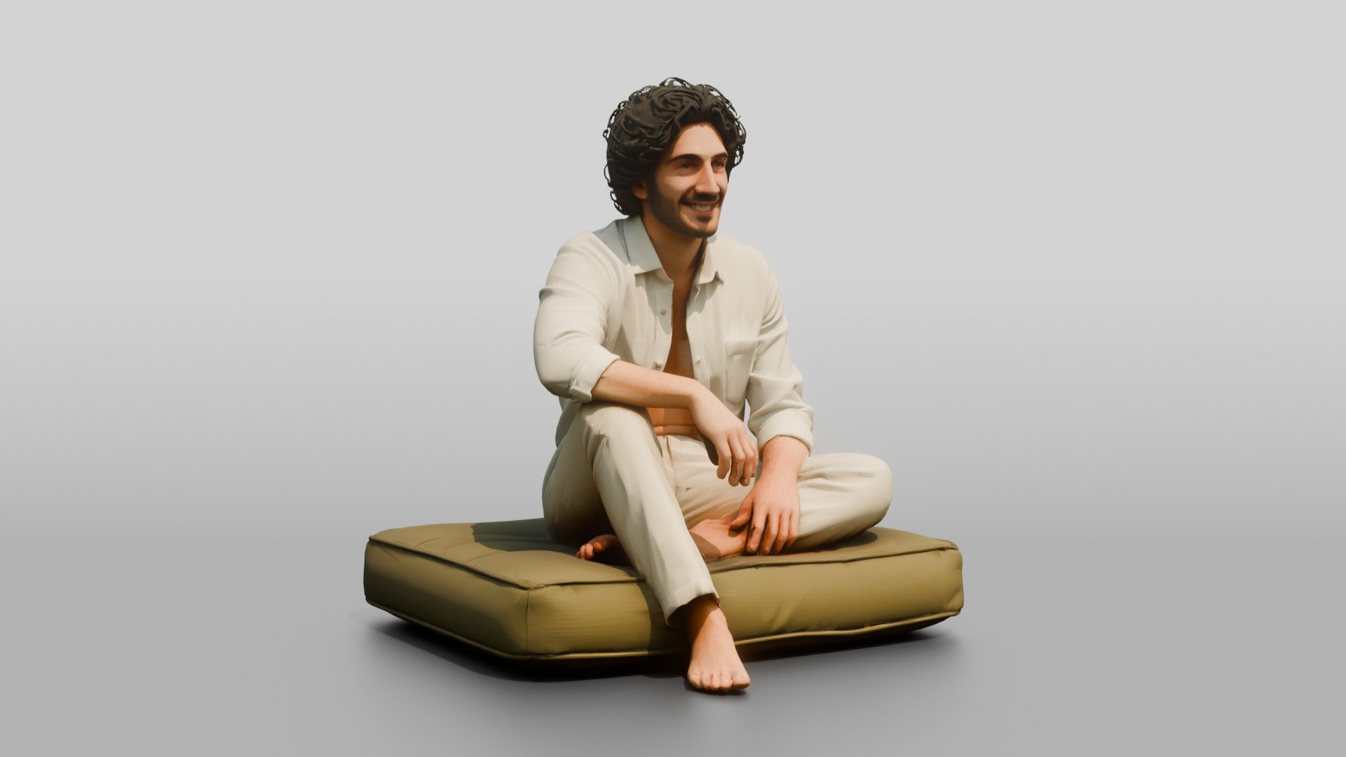 Man Sitting Cross-Legged in Linen