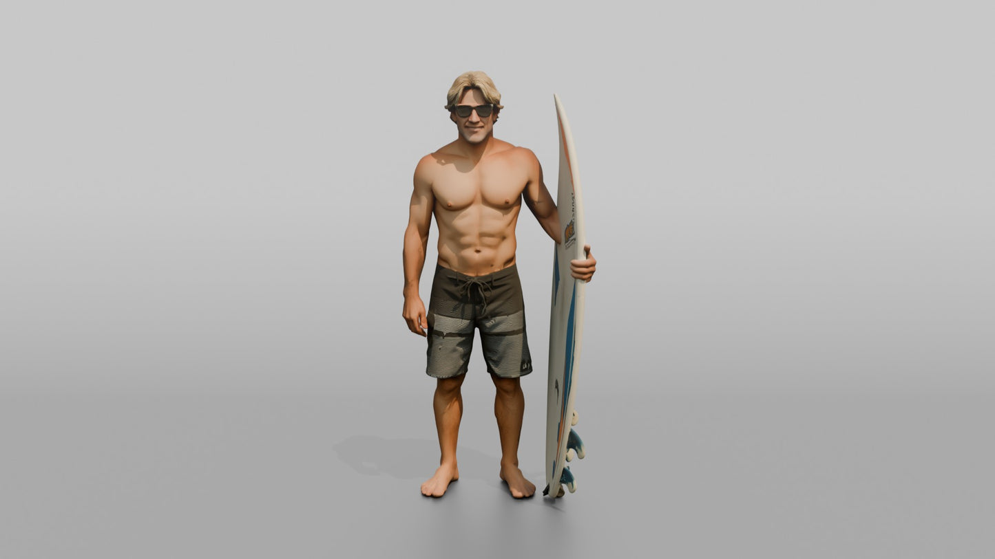 Rugged Surfer Posing with His Surfboard