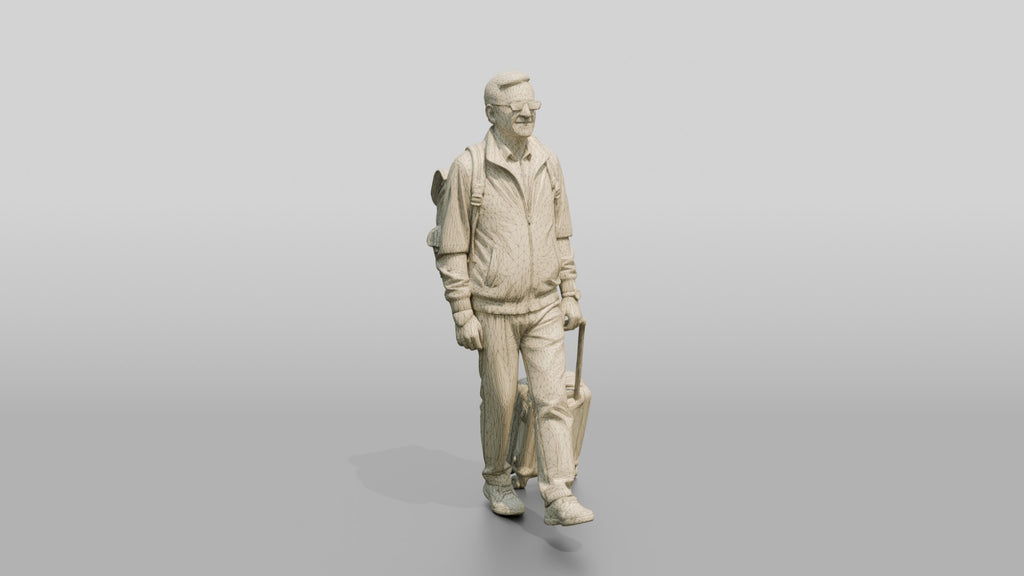 Elderly Man with Glasses Walking with Backpack and Carry-On