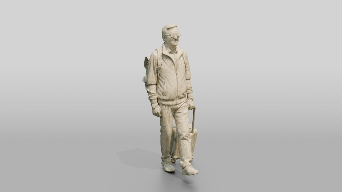 Elderly Man with Glasses Walking with Backpack and Carry-On - wireframe topology preview