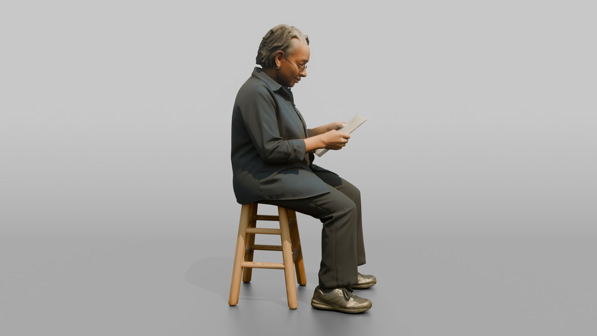 Woman Store Clerk Sitting On A Stool Reading A Receipt - 3D character model, view 2