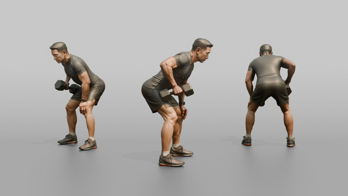 Weightlifter Man Performing A Bent-over Dumbbell Row - 3D character model, view 1