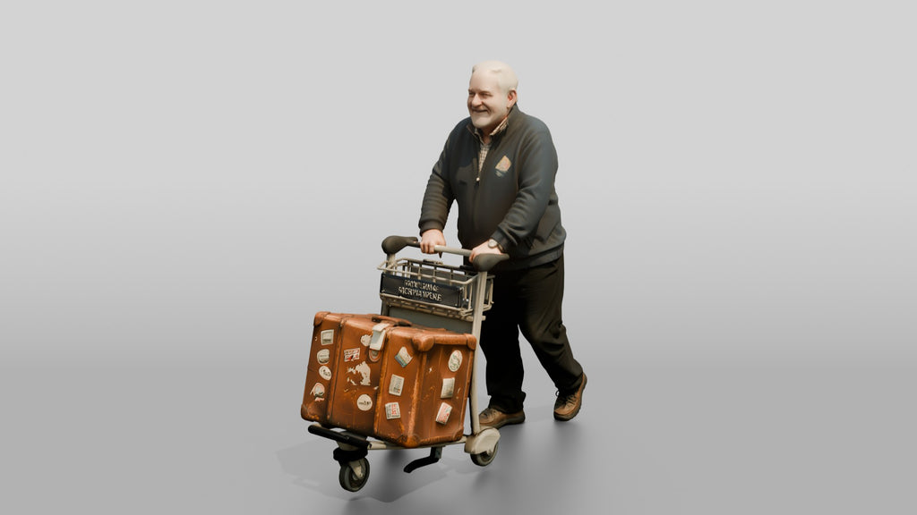 Elderly Bald Man Pushing Luggage Cart with Vintage Suitcase