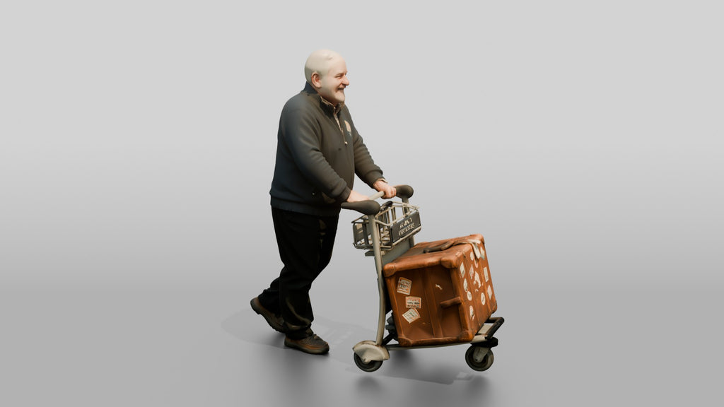 Elderly Bald Man Pushing Luggage Cart with Vintage Suitcase