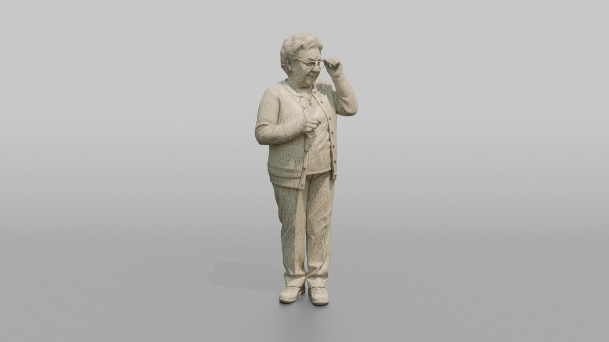 Grandmother Adjusting Her Reading Glasses - wireframe topology preview