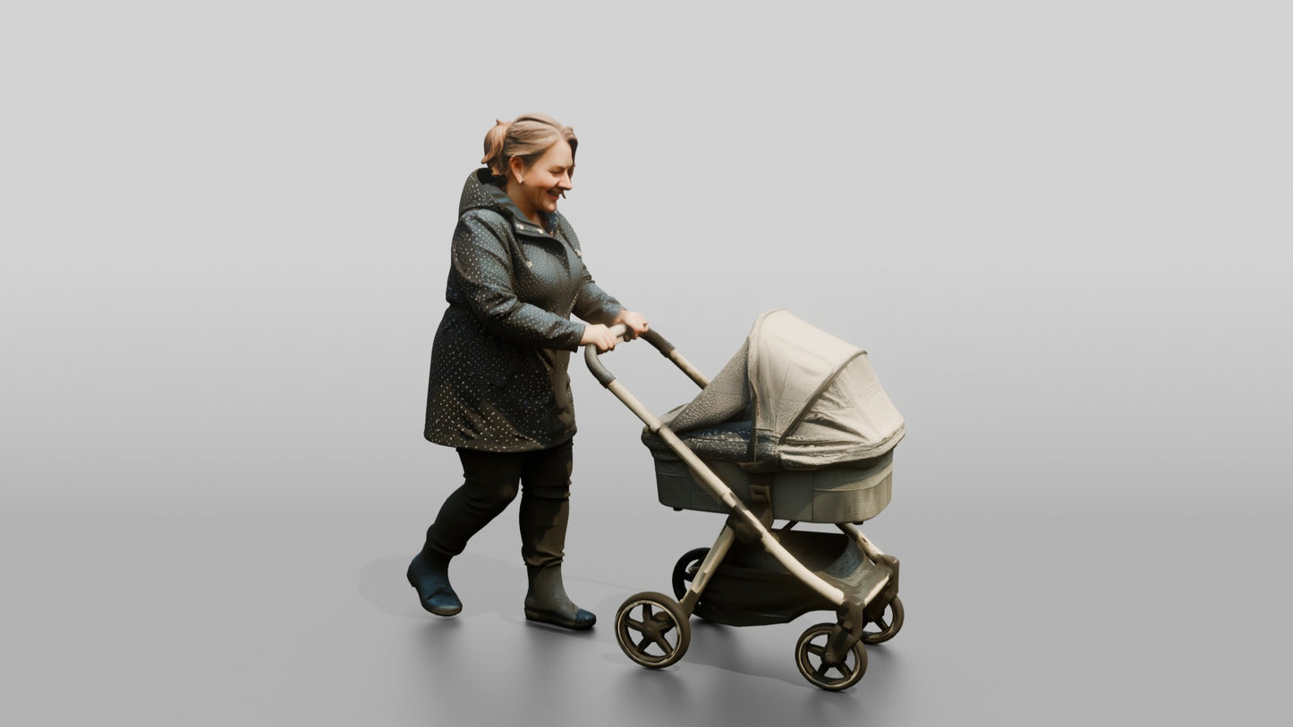 White Woman in Polka-Dot Raincoat Pushing a Pram