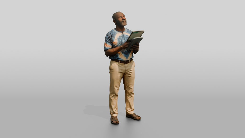 Elderly African Man Holding a Tablet Looking Up
